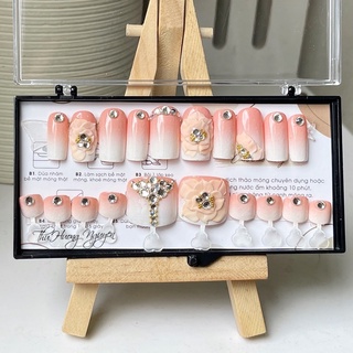 Móng Tay Giả Móng Úp Thiết Kế Vẽ Nổi Đính Đá Nền  Ombre Hồng Cam Trắng