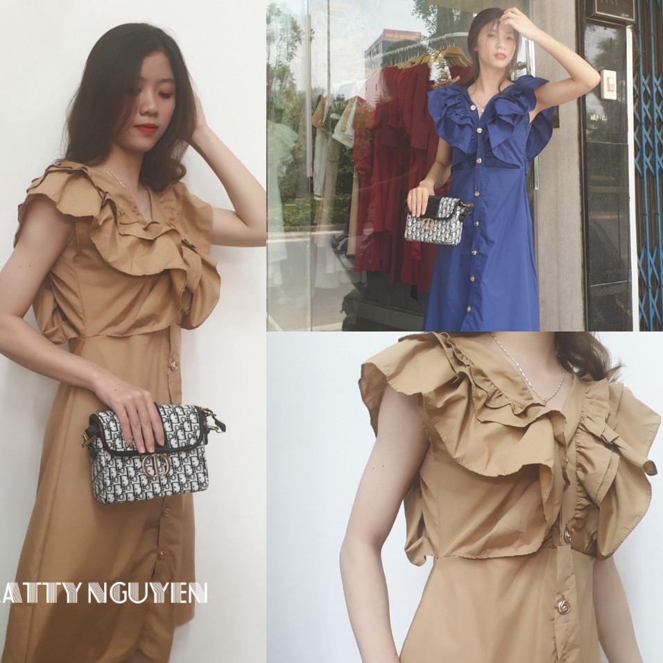 Đầm bèo thiết kế khuy giữa dáng mindi KT221 (Tặng cài áo)