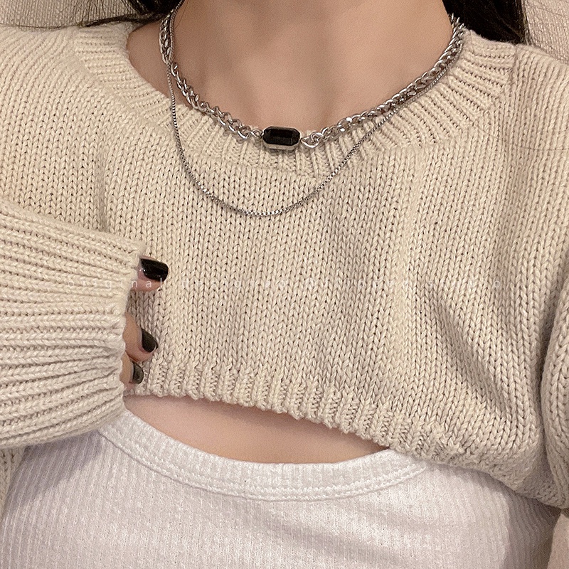 Vòng cổ Thép Titan Màu Đen Hai Lớp Phong Cách hip hop Thời Trang