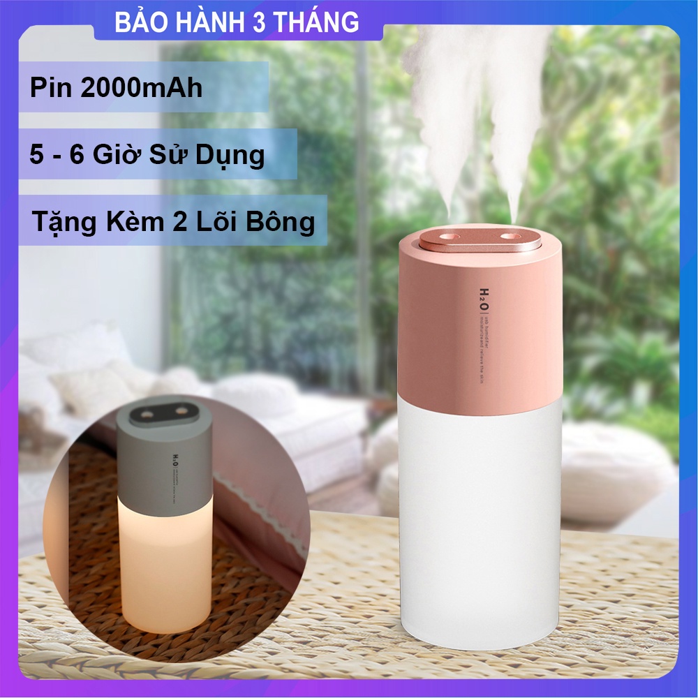 Máy Phun Sương 2 Đầu Phun Sương Kép Tích Hợp Pin Sạc 2000mAh Máy Xông Tinh Dầu Tạo Ẩm Làm Mát Có Đèn LED H2O pin