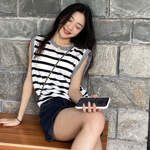 Áo thun ZHELIHANGFEI vải dệt kim không tay dáng rộng kẻ sọc ngang cá tính