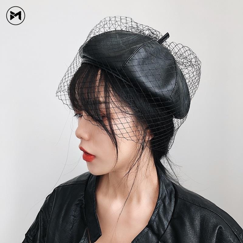 Mũ Beret Da PU Phối Lưới Phong Cách Retro Cho Bạn Gái