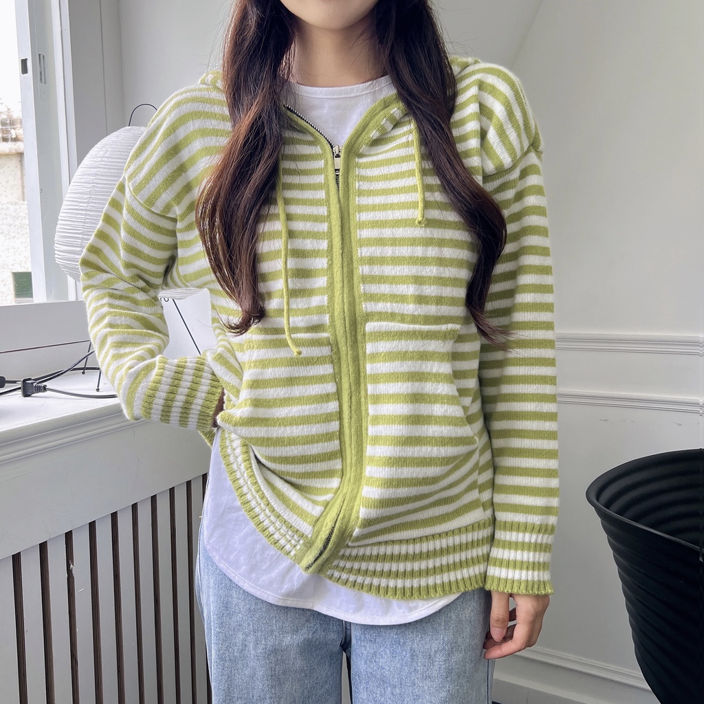 DUNEA Áo Khoác Cardigan Có Nón Họa Tiết Kẻ Sọc Màu Tương Phản Cho Nữ