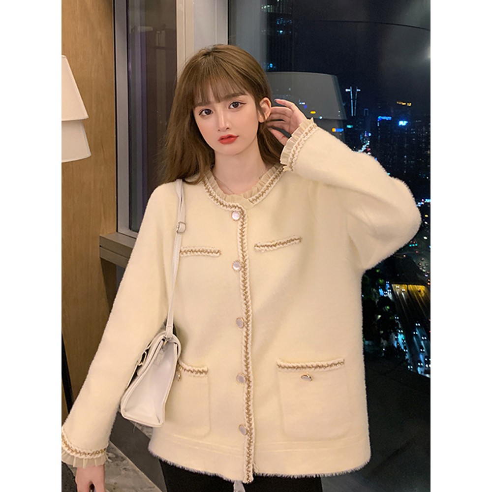 Áo khoác cardigan len lông mềm mịn cổ phối voan viền ánh nhũ lấp lánh Hàn Quốc cao cấp sang chảnh
