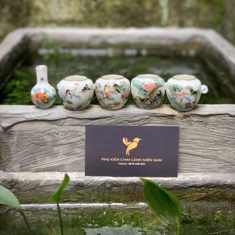 Cóng chim Khuyên/Khoen vẽ tay - CHIM HOA dáng Chum