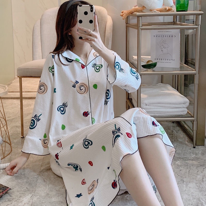 Váy ngủ của phụ nữ cotton pyjama ngắn tay hoạt hình dài cộng với kích thước phục vụ tại nhà mặc bên ngoài