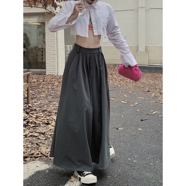 SET ÁO SƠ MI CROPTOP + CHÂN VÁY XẾP LI DÁNG DÀI ULZZANG