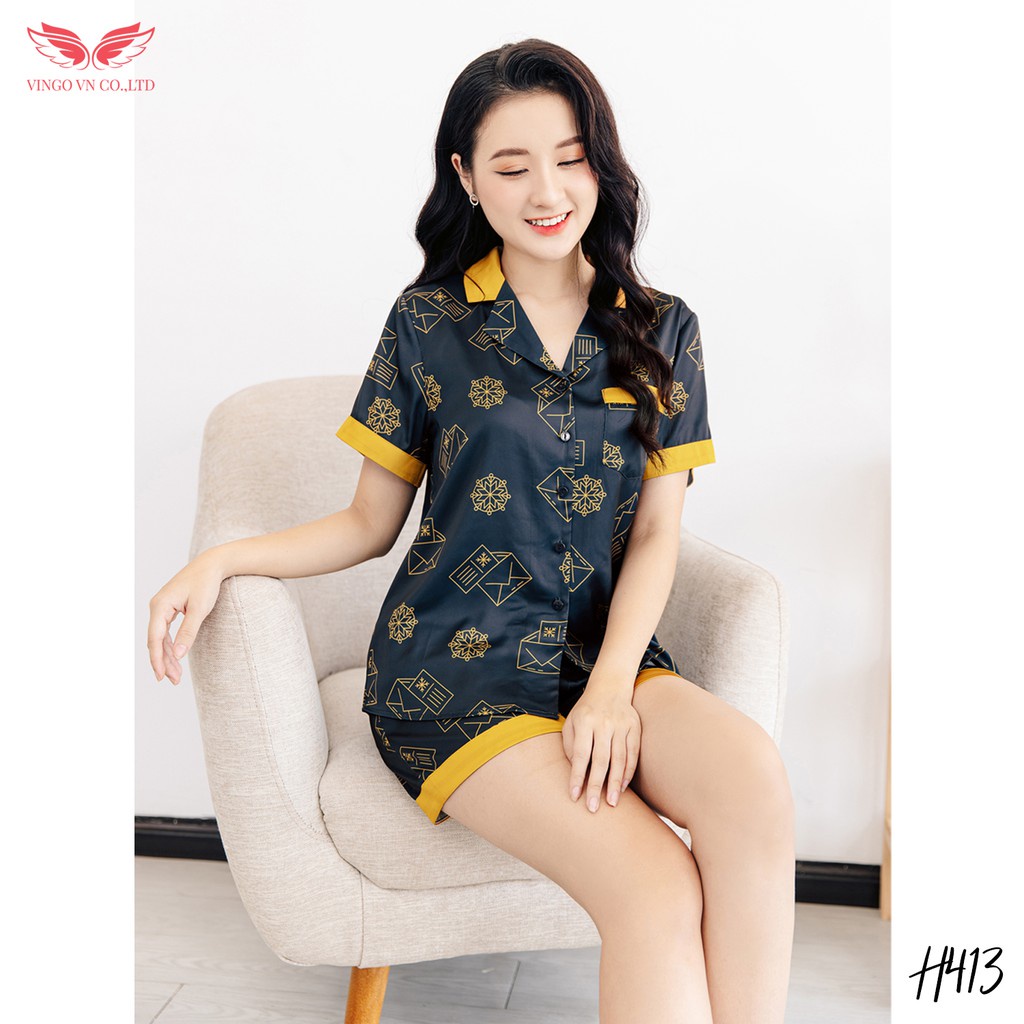 Bộ đồ nữ Pijama mặc nhà VINGO lụa Pháp tay cộc quần cộc họa tiết phong thư sang chảnh màu xanh than H413 VNGO - TCQC