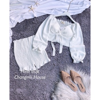 Set áo croptop cột nơ ngực có mút phối quần lưng cao bo nhún - S0B