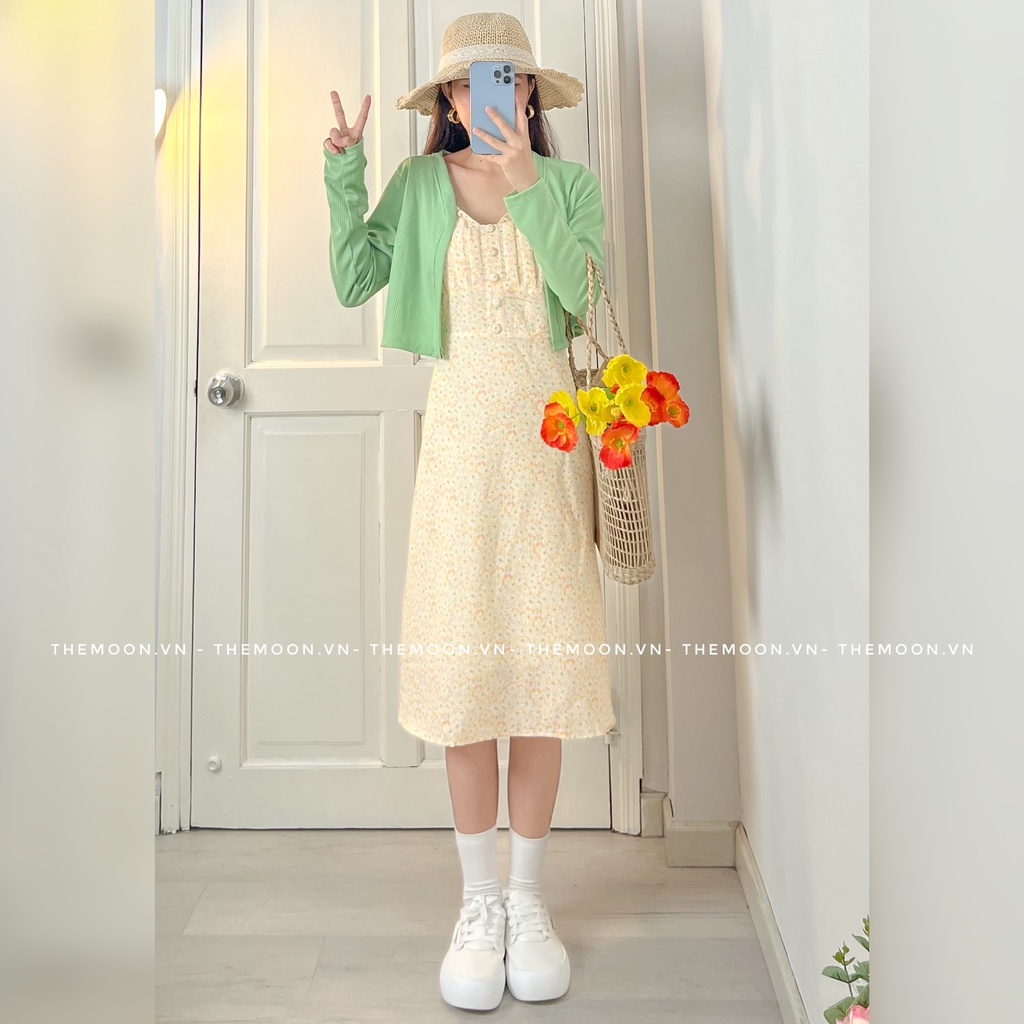 Set đầm 2s hoa có sẵn mút ngực viền bèo kèm áo khoác croptop 2 màu