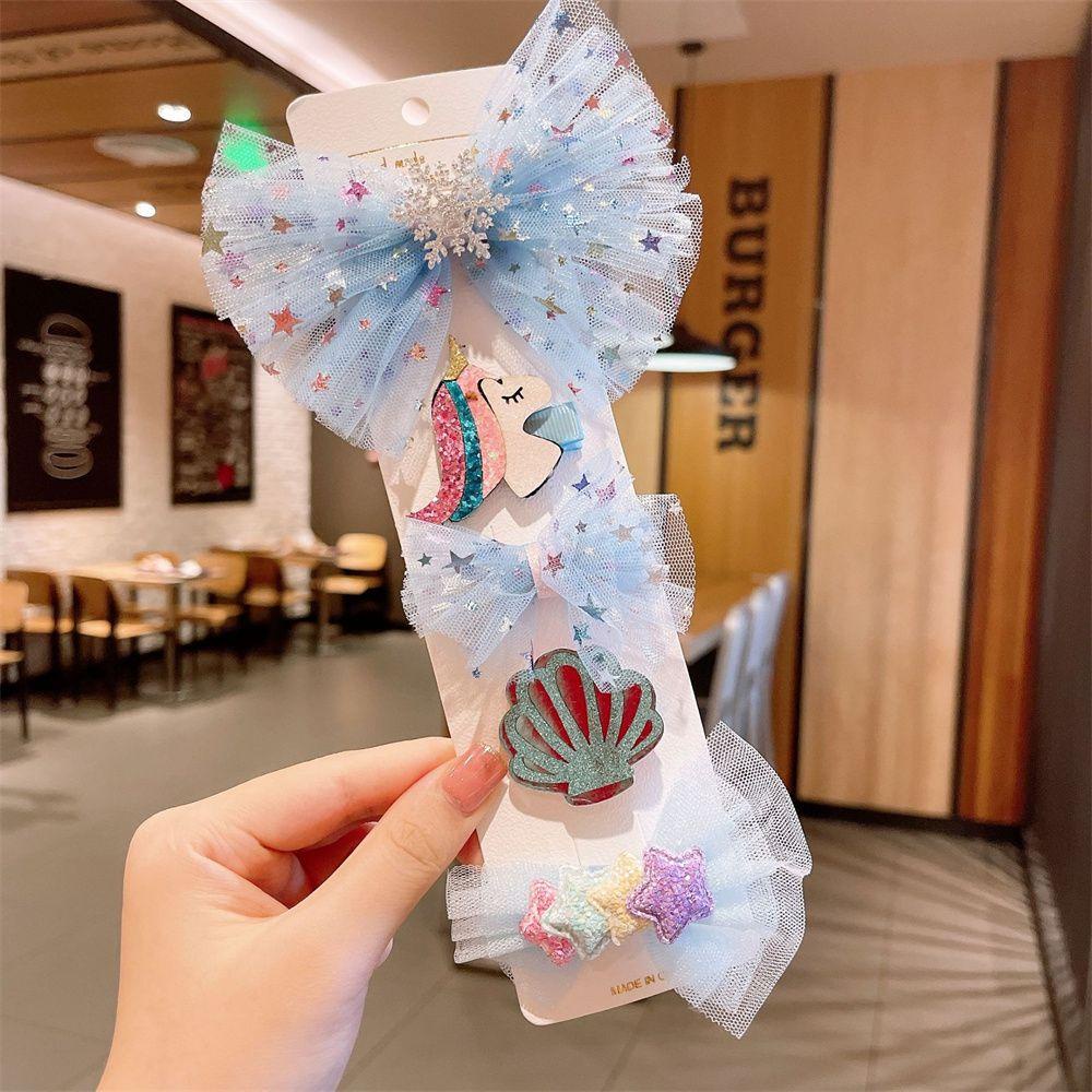 Set 5 Kẹp Tóc Hình Nơ / Nàng Tiên Cá / Hoa Tuyết Dễ Thương Cho Bé Gái