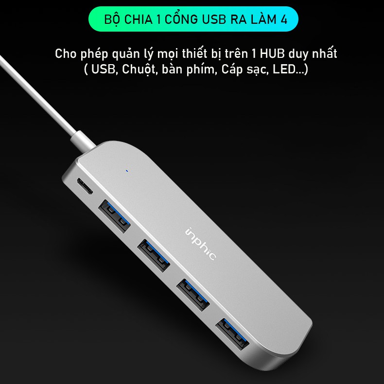 Hub chia cổng USB Inphic chia ra 4 cổng USB tốc độ cao kết nối cho ổ cứng / USB / Chuột / Bàn Phím/Thẻ nhớ