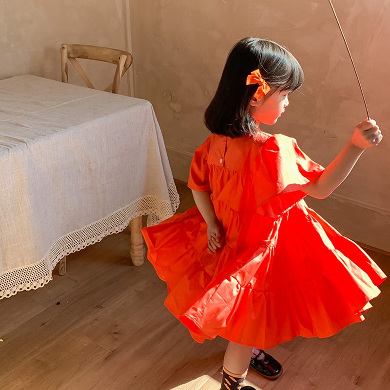 Đầm công chúa tay phồng cổ tròn màu trơn phong cách Hàn Quốc cho bé gái 3-8t
