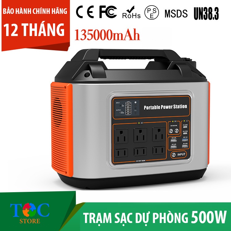 Trạm sạc dự phòng khẩn cấp không dây 500W Dung lượng siêu khủng 1350000mAh, 6 Cổng AC 220V Chuẩn Sin
