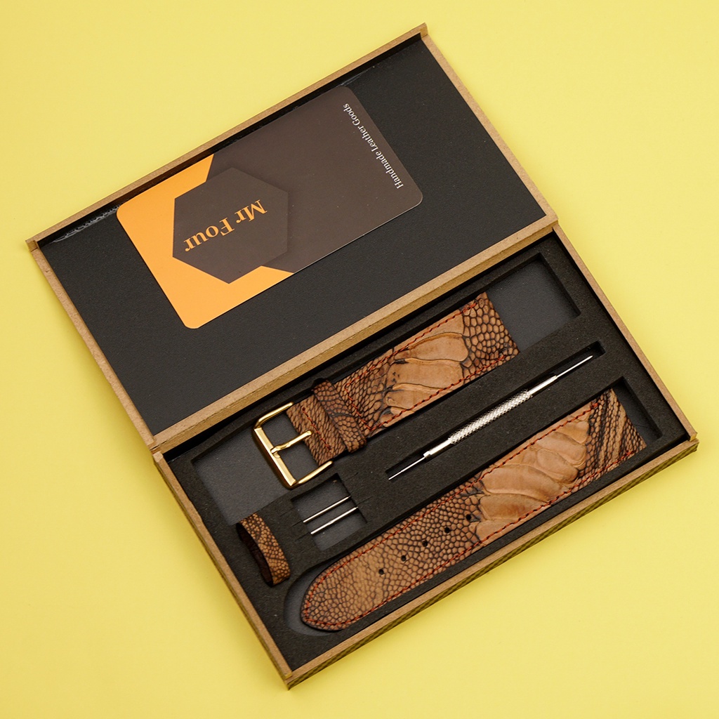 Dây Đồng Hồ Da Đà Điểu Wash Màu Nâu Đỏ  MrFour + Bộ Khóa  + Dụng cụ Tháo Lắp | Watch Band - Watch Strap - Leather Watch