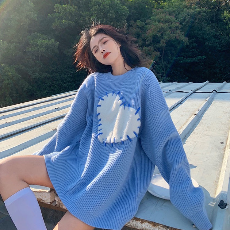 Áo Sweater Dệt Kim Cổ Tròn Dáng Rộng In Hình Trái Tim Xinh Xắn Cho Nữ