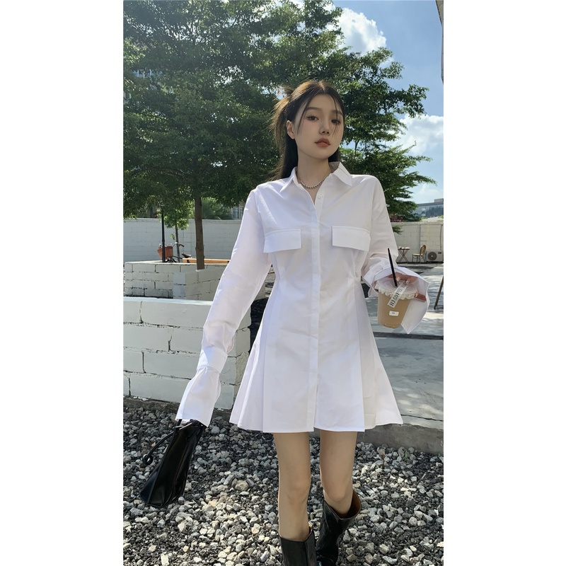 Đầm Sơ Mi Tay Dài Cổ polo Ôm Eo Thiết Kế Ngọt Ngào Cho Nữ