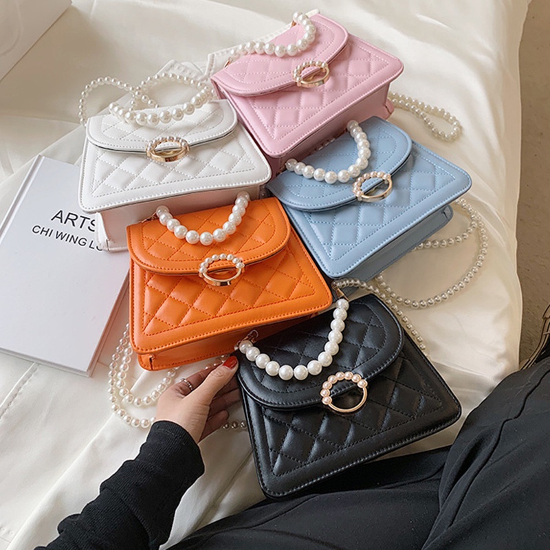 Túi đeo chéo IELGY dáng vuông nhỏ đính ngọc trai giả thời trang cho nữ