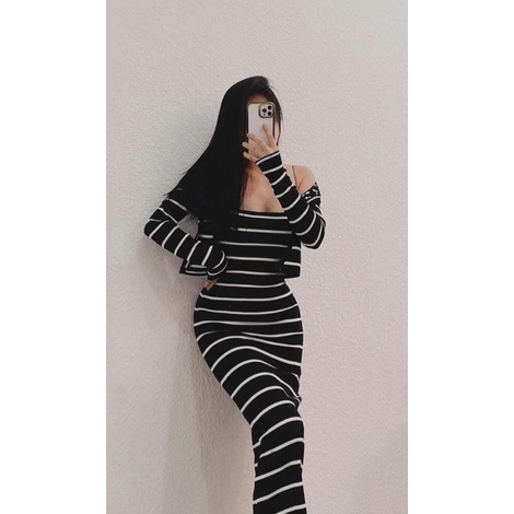 💃 ĐẦM BODY DÀI SỌC NGANG KÈM KHOÁT NGOÀI SIÊU SANG CHẢNH, ĐẦM HOA HAI DÂY DÁNG DÀI QUA GỐI 💃(Ms: TB02)