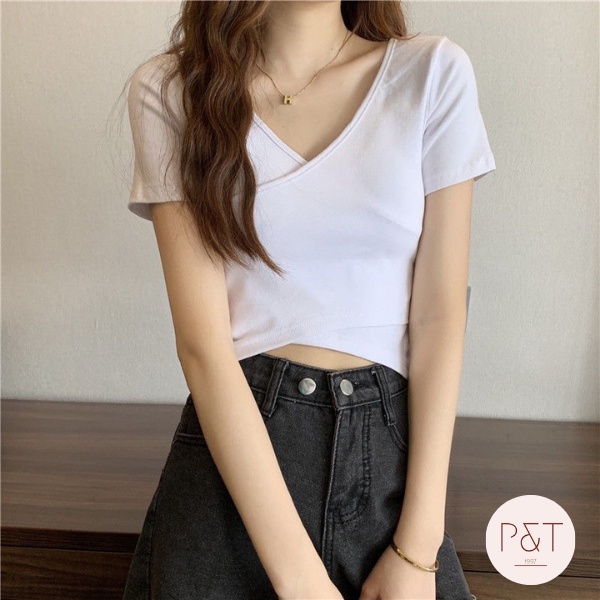 Áo Croptop Cổ V Tay Ngắn Dáng Ôm Thiết Kế Dây Đan Chéo Phong Cách Hàn Quốc