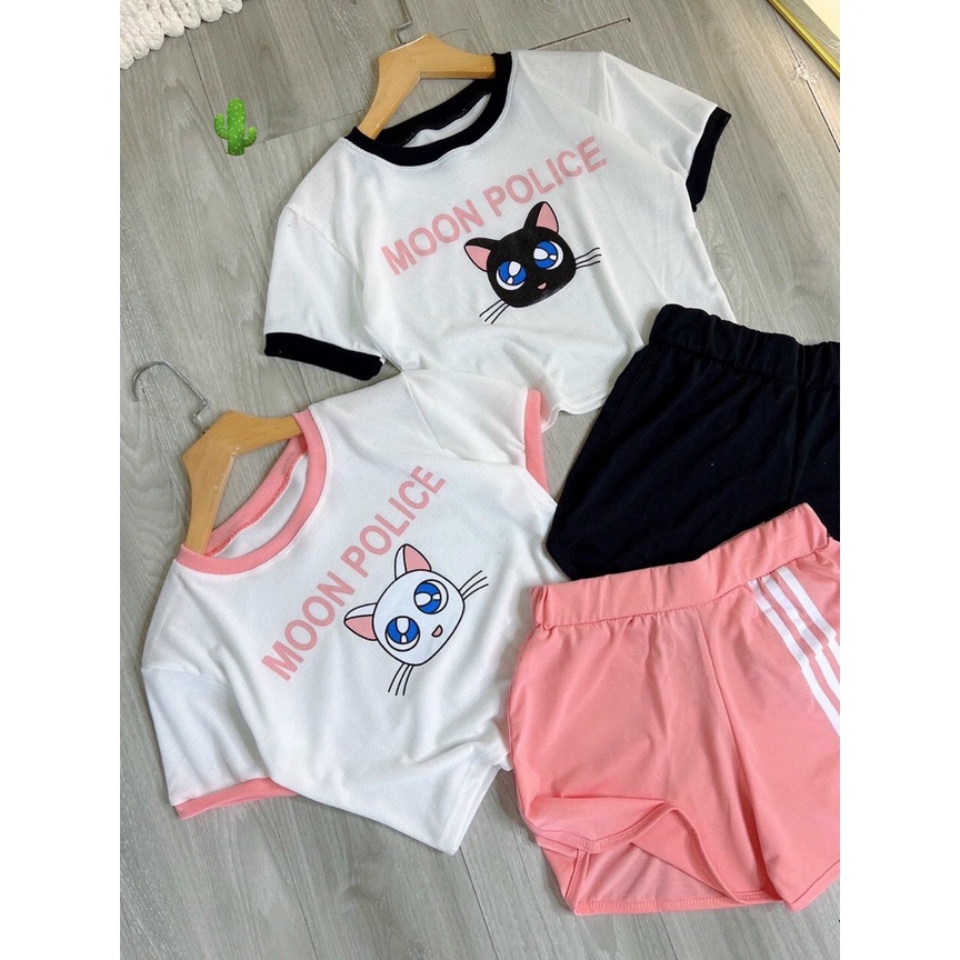 Sét bộ áo croptop viền màu in hình mèo moon phối quần đùi 3 sọc cực hot , chất thun bozip mềm mịn