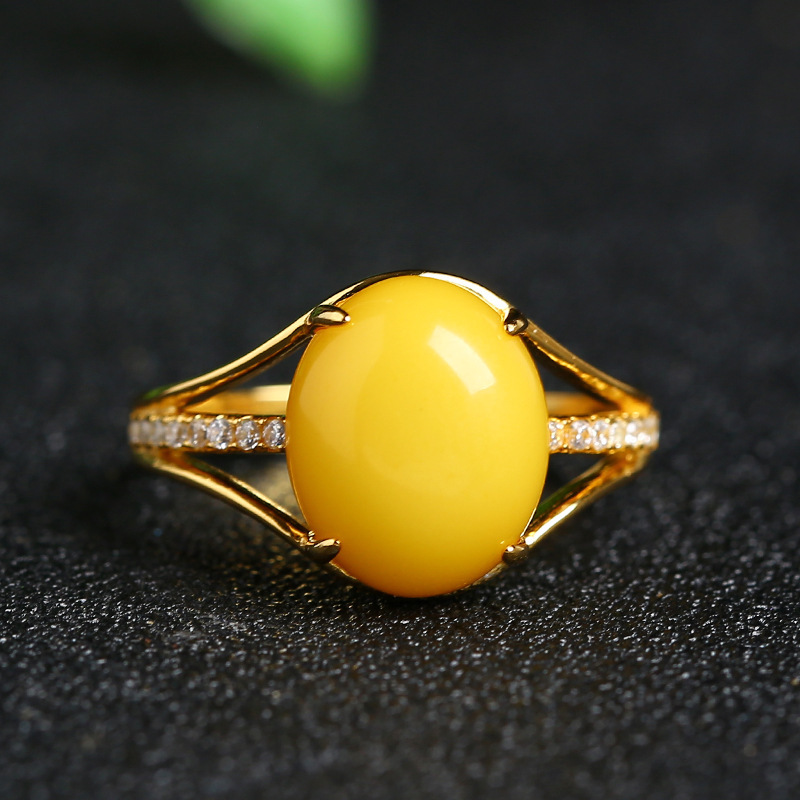 Nhẫn hở mạ bạc 925 đính đá hổ phách thời trang