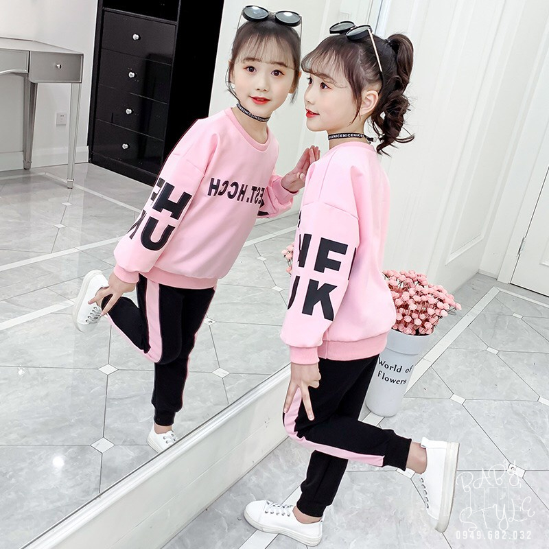 Bộ quần áo nỉ thu đông &quot;BEHT&quot; 14-45kg cho bé gái 4-15 tuổi. Vải da cá dày dặn. Ấm áp. G37