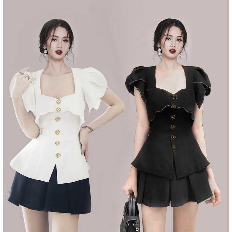 Set Áo Cổ Vuông Tay Phồng Và Chân Váy Xếp Ly Cạp Cao Thời Trang Hàn Quốc 2021