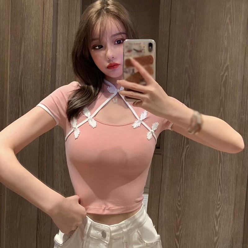 [Baywellfashion]Women's Contrast Color Sexy Hollow Out Short Sleeve Cheongsam T-Shirt | BigBuy360 - bigbuy360.vn