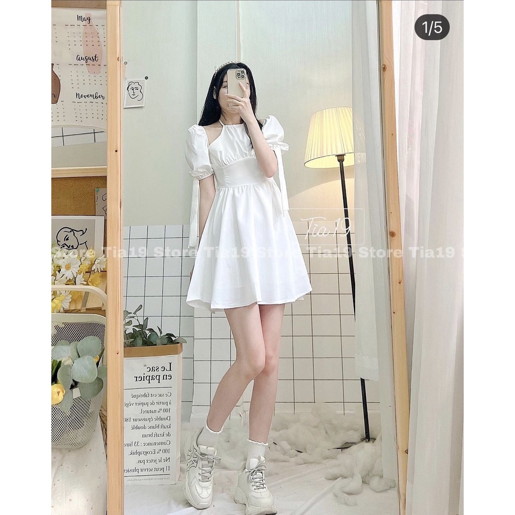 Đầm Cổ Yếm Nữ Hở Vai 🦋 Váy Nữ Dáng Xòe Cộc Tay 2 Màu 🦋