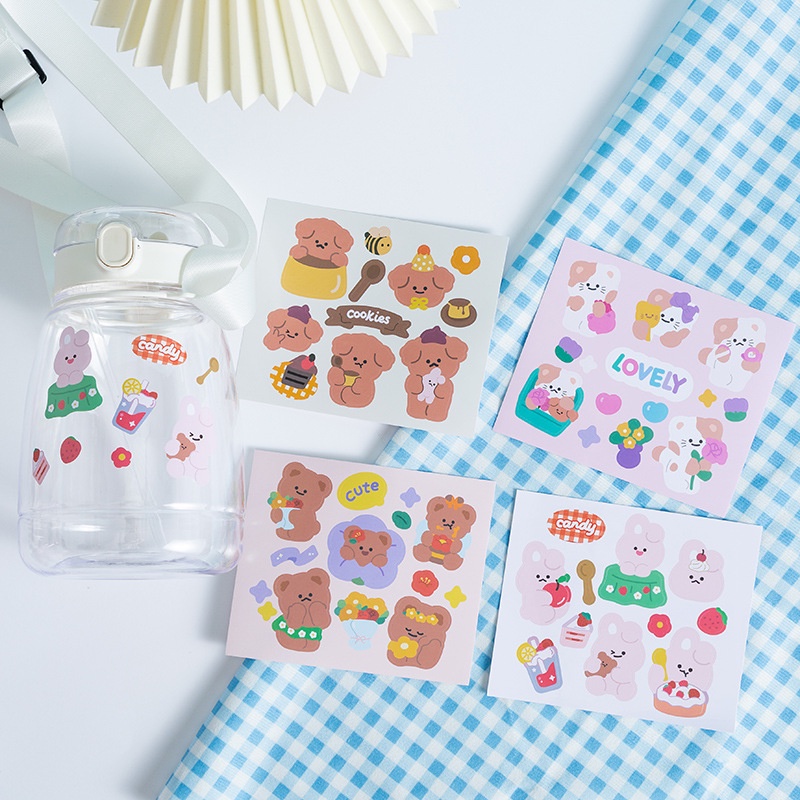 Sticker Hình Theme Gấu Tone Xanh Nâu Dán Trang Trí Đồ Dùng