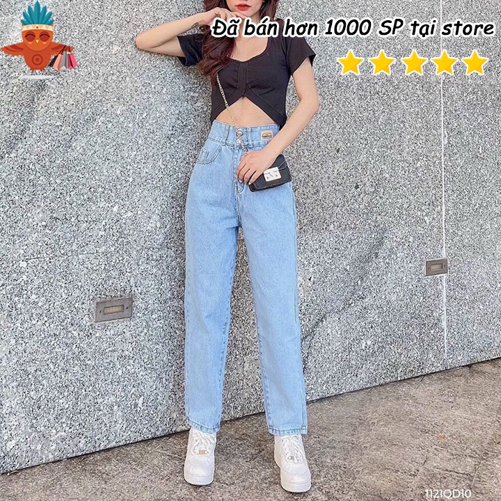 Quần baggy jeans nữ kiểu 2 nút xanh nhạt 191 THOCA HOUSE có size, chuẩn form dày dặn