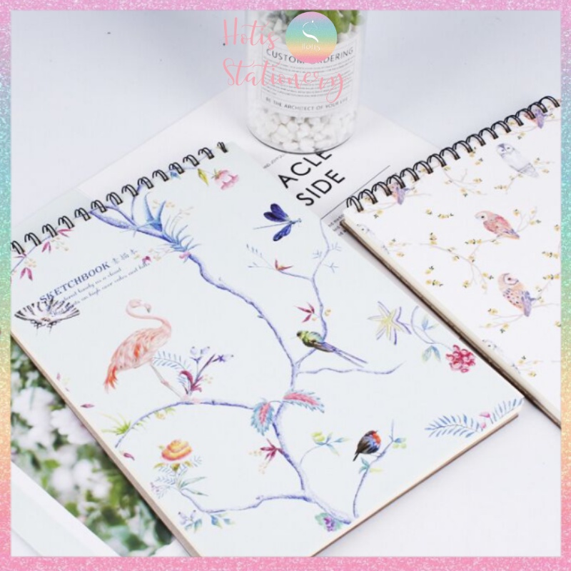 [HOTIS] SKETCHBOOK sổ vẽ phác thảo - Gáy lò xo - Khổ A4 dọc - 50 tờ - 110gsm - Bìa cứng họa tiết hoa lá NB018