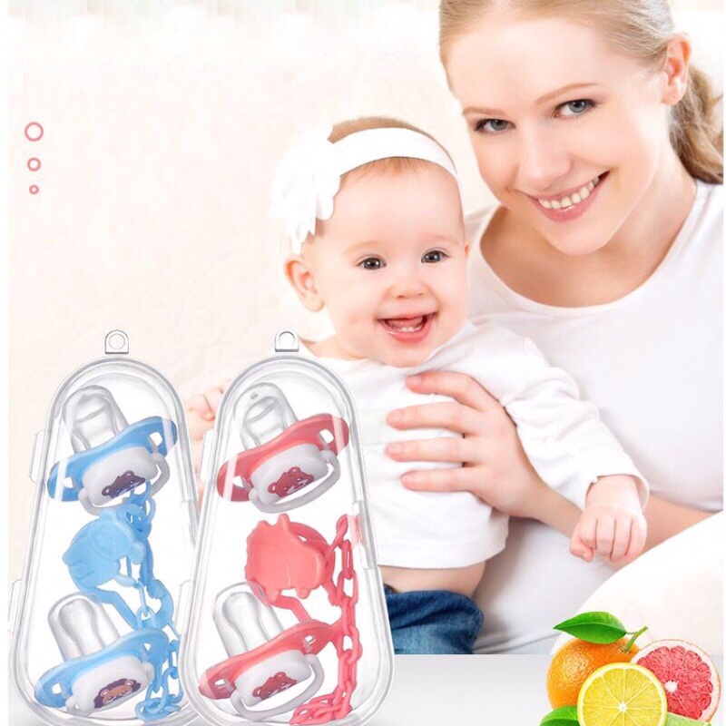 Ti Giả Cho Bé Sơ Sinh Kèm dây Đeo Chống Rơi Cho bé Hộp 2 Núm Vú Cao Cấp