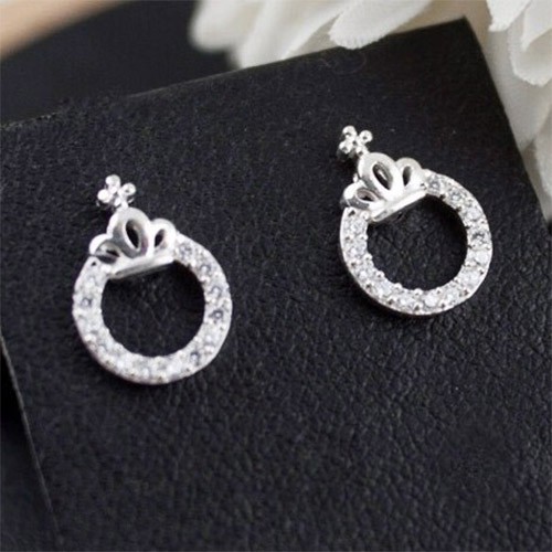 Bông Tai Bạc Nữ CaoBac Silver Hoạ Tiết Tròn Rỗng Đỉnh Hình Vương Miện Xinh Xắn Cho Nữ