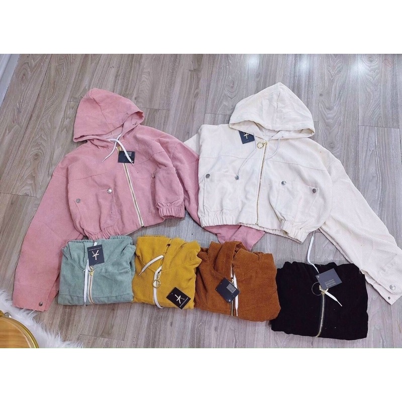 (vải đẹp)Áo khoác nhung croptop from dưới 65kg thiết kế gân nổi bậc có 2 túi trước kute