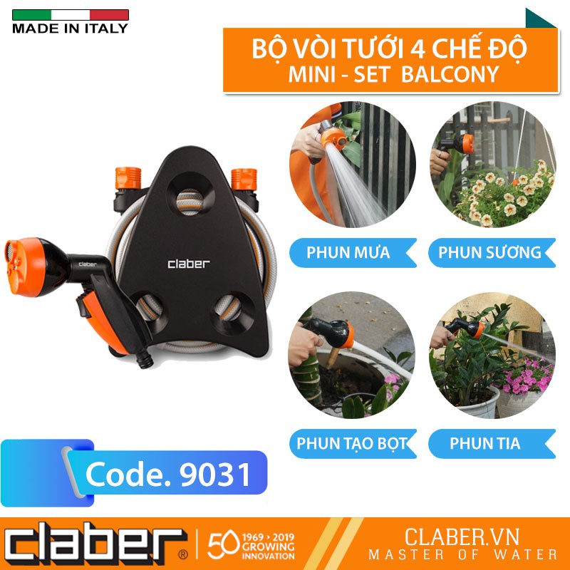 Bộ Vòi Tưới Cây Rửa Xe 10m [Made In Italy] vòi xịt 4 chế độ Claber Mini-set Balcony 9031