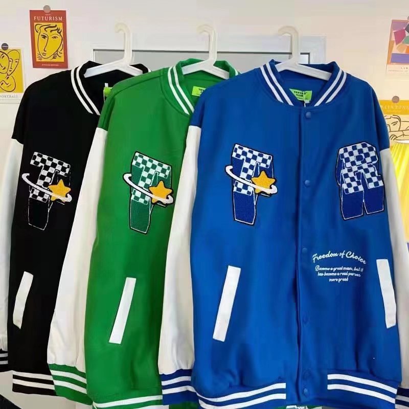 Áo bomber nam Thêu tay áo da /Áo khoác bóng chày dáng rộng thêu họa tiết phong cách retro thời trang năng động cho nữ