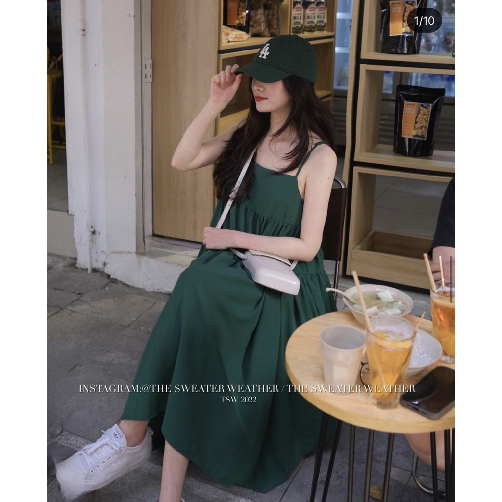 Váy hai dây voan bồng bềnh dây điều chỉnh, đầm 2 dây đi biển, du lịch