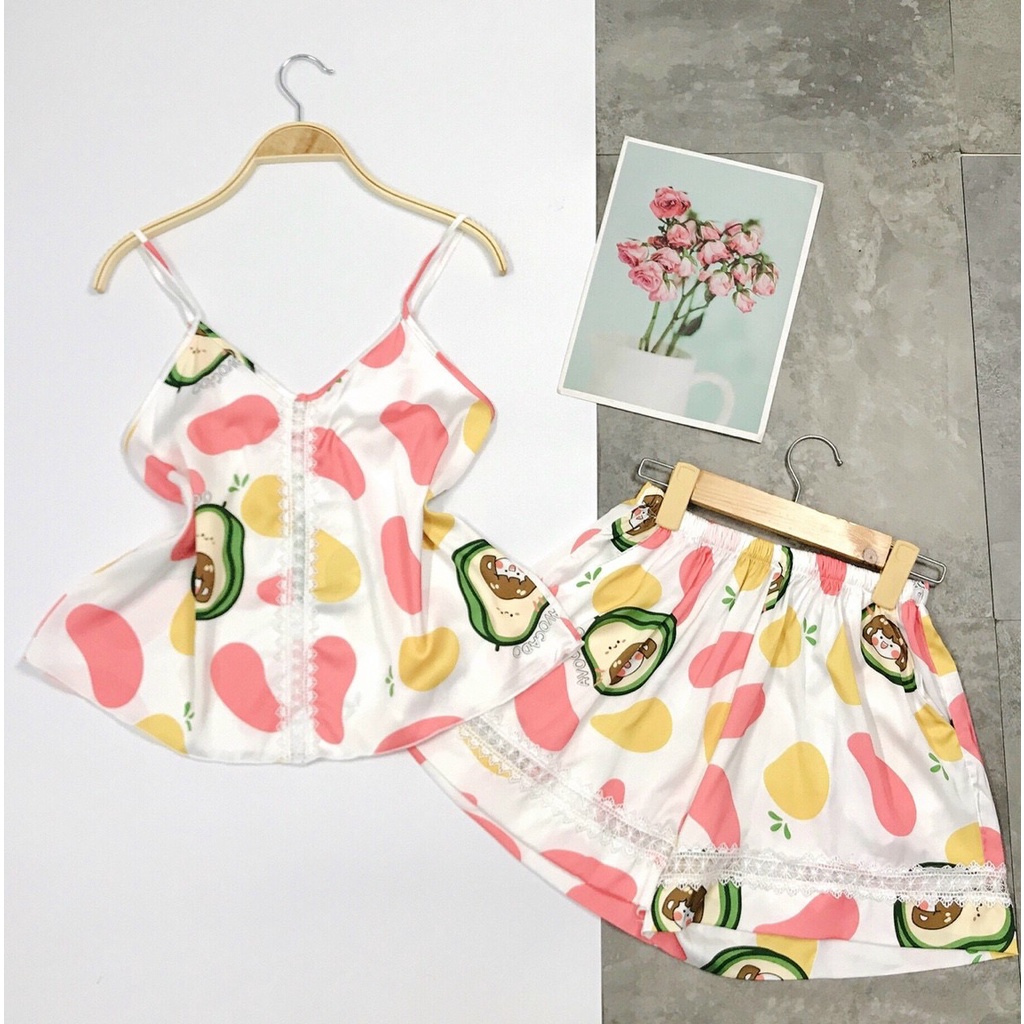 🎀 Vải xịn 🎀 Bộ đồ ngủ mặc nhà hai dây croptop ren giữa dễ thương vải lụa mịn mát