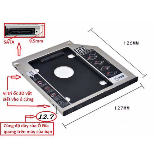 Khay Ổ Cứng Caddy Bay HDD SSD SATA 3 9.5mm / 12.7mm Lắp Ổ Cứng Thứ 2 cho Laptop