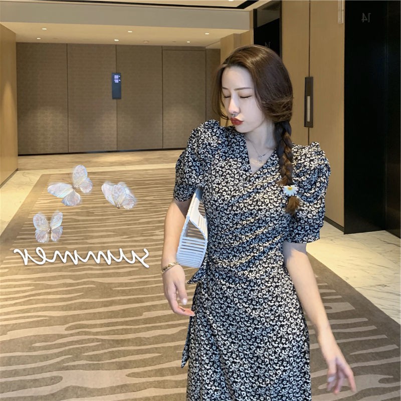 One piece chiffon small floral bandage V-neck puff sleeve dress children's long waist waist summer new 2021