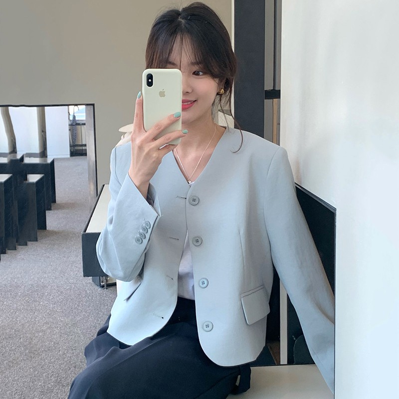 Sẵn Xanh-Be(Hàng Đẹp)Áo blazer cổ V mùa thu Hàn Quốc-HC605.Ảnh thật 8 hình cuối