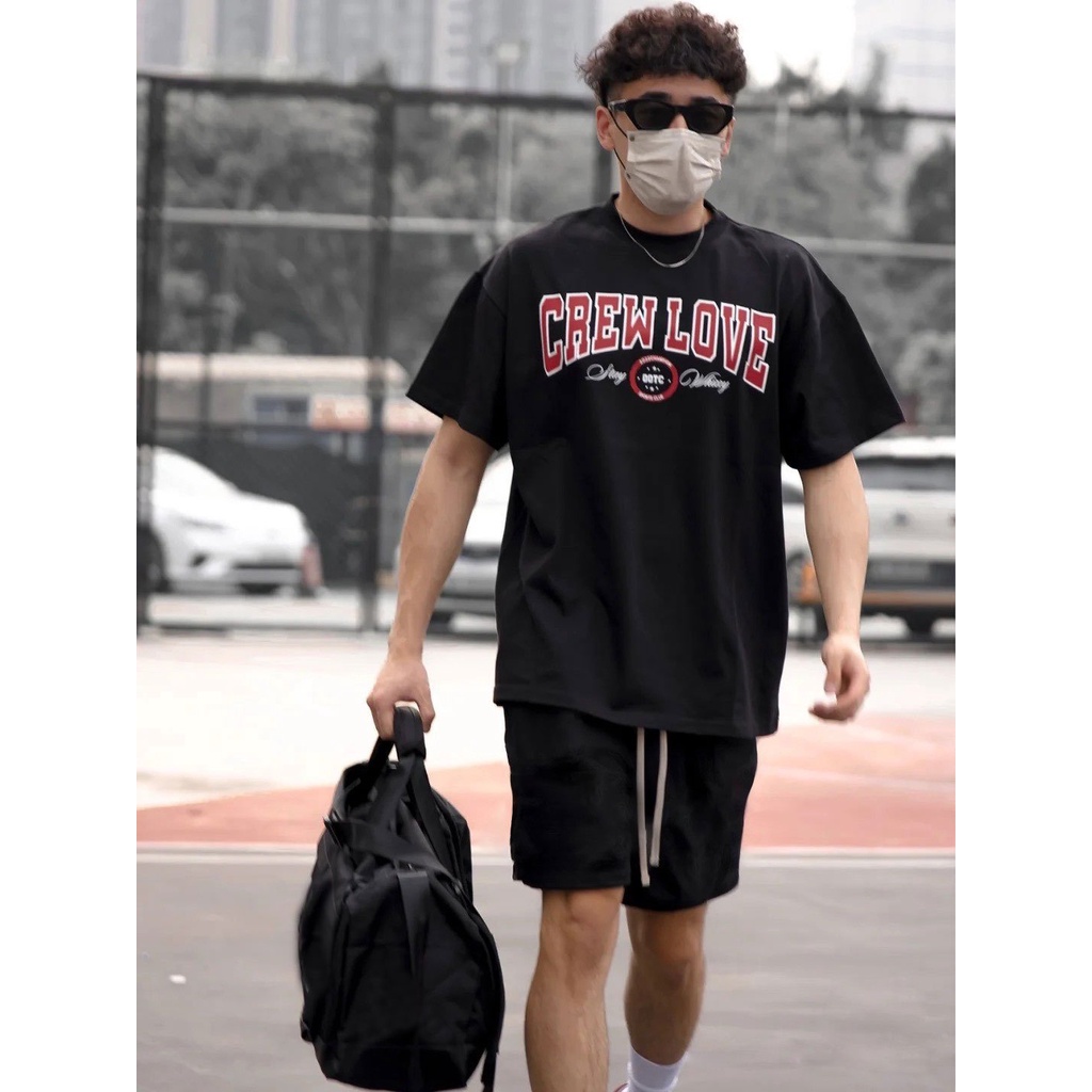 Áo đen - Quần đen Beaver Tee "CREW LOVE ĐỎ" Local Brand tay lỡ form rộng nam nữ Unisex Freeship Extra