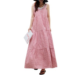 Đầm Maxi ZANZEA Sát Nách Dáng Rộng Họa Tiết Ca Rô Thời Trang Dành Cho Nữ