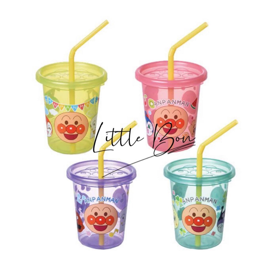 Set ly nhựa uống nước kèm nắp + ống hút Anpanman Nhật bay air_Made in Japan