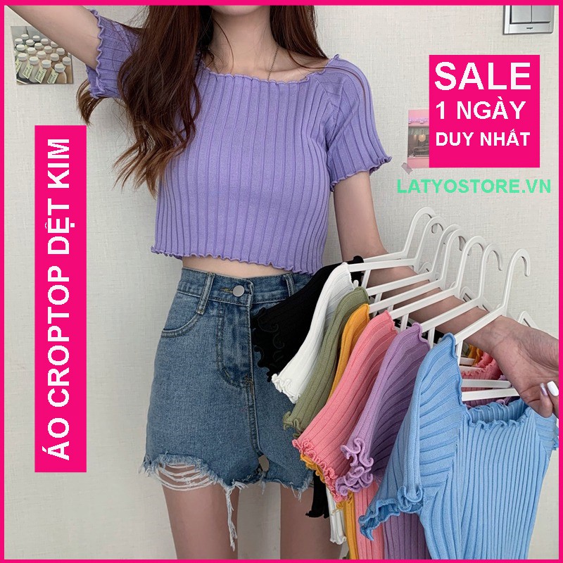 Áo croptop nữ, Áo ngắn tay nữ trễ vai sành điệu, hàng dệt kim xịn xò