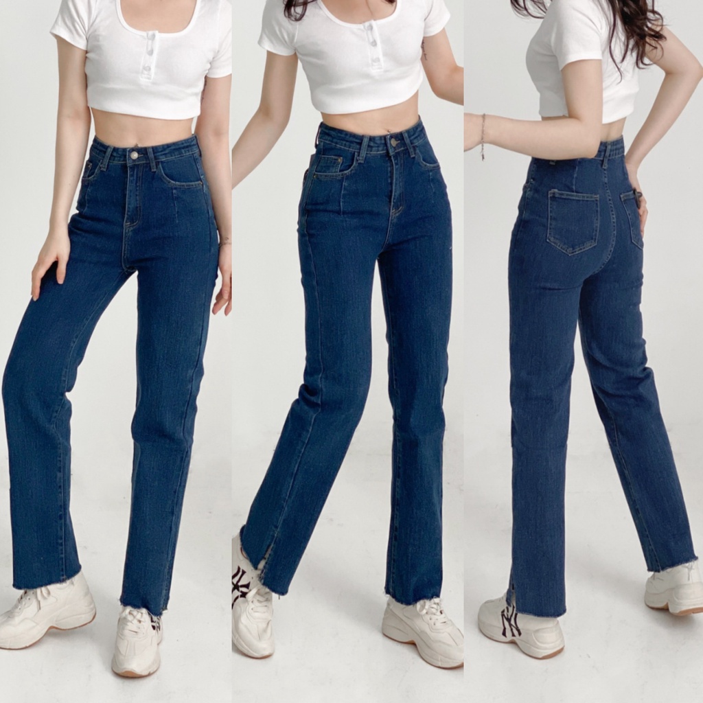 Quần jean ống rộng lai trơn cắt xẻ bên (co giãn nhẹ), quần bò nữ lưng cao thời trang ulzzang VM STYLE 21QJR11NB1202