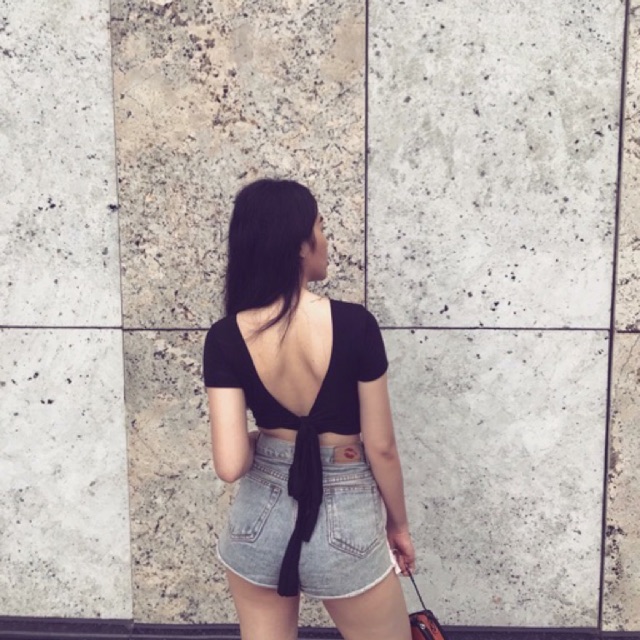 Áo kiểu nơ lưng thun gân kèm sẵn mút ngực