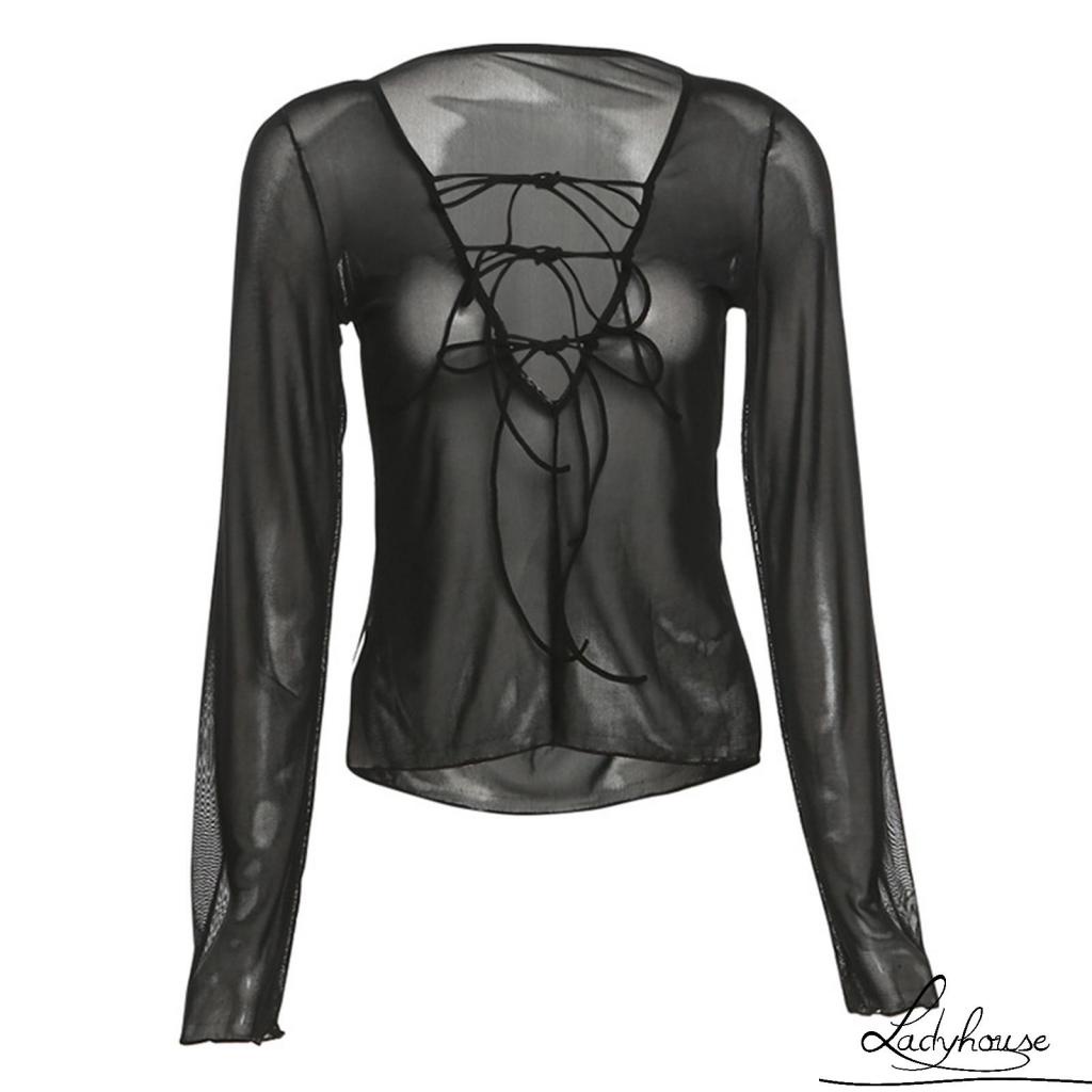 Áo Thun Tay Dài Phối Lưới Màu Sắc Trơn Có Dây Đeo Có Thể Điều Chỉnh Quyến Rũ Cho Nữ